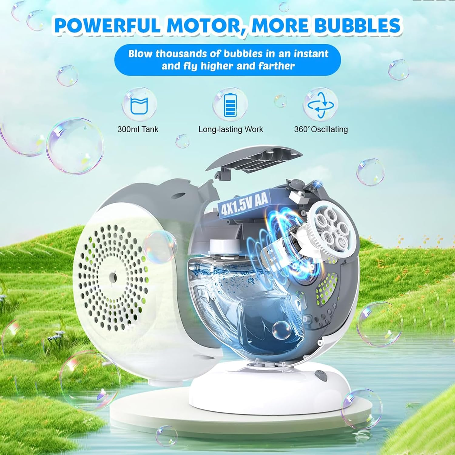 Bubble Machine, 360&deg; Rotation and 75&deg; Adjustment Bubble Machine Toy with LED Light for Easter, Outdoor, Birthday, Party Gifts, Ages 15 and Above image number 6