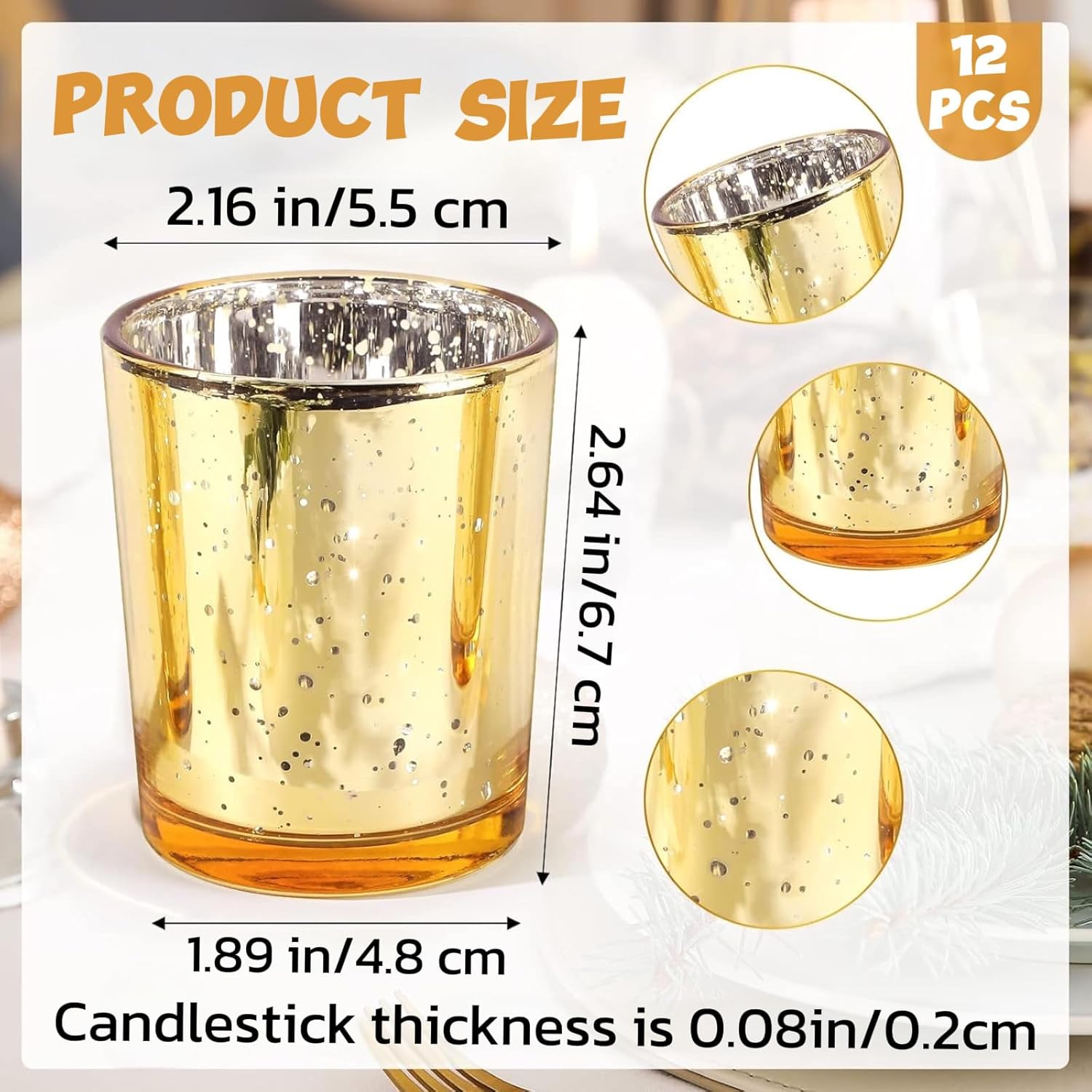 Votive Candle Holders Set of 12, Golden Speckles Mercury Glass Tealight Candle Holder, Wedding Centerpiece Table Decorations, for Bridal Shower, Baby Shower & Home Decor image number 5