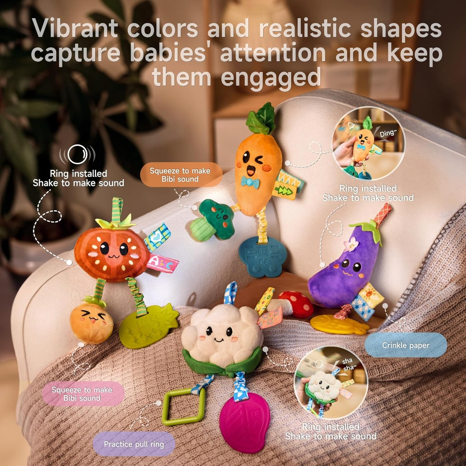 TUMAMA Baby Plush Hanging Vegetable Set Toy 4 Cute Different Vegetable Crib Stroller Toys, Pretend Play Food Sensory Rattle Hanging Toy.Suitable for Babies 0, 3, 6, 9, 12 Months+