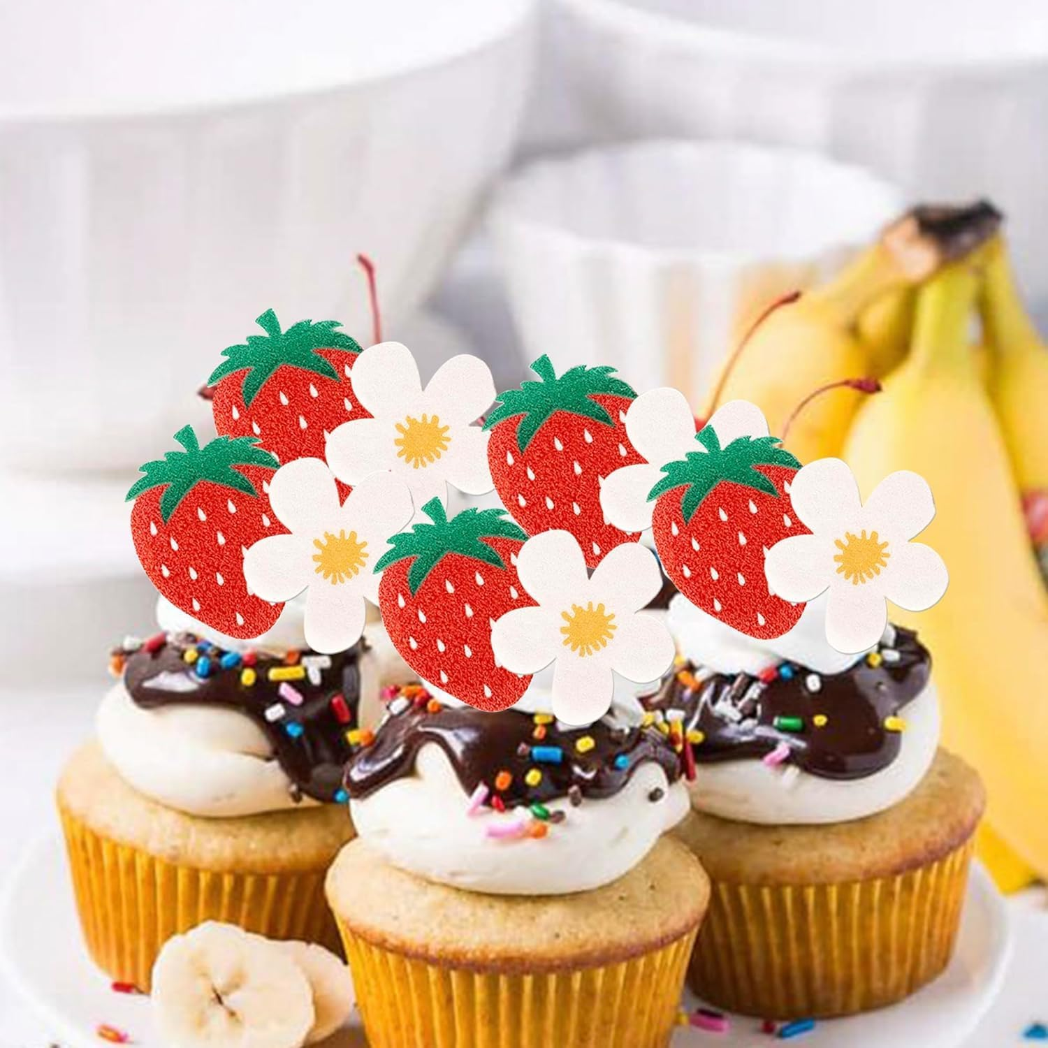 SYKYCTCY 60 Pack Edible Strawberry Cupcake Toppers Strawberry Flower Birthday Cake Decorations Edible Berry Bridal Engagement Cupcake Picks for Baby Shower Wedding Anniversary Party Supplies (#1) image number 1