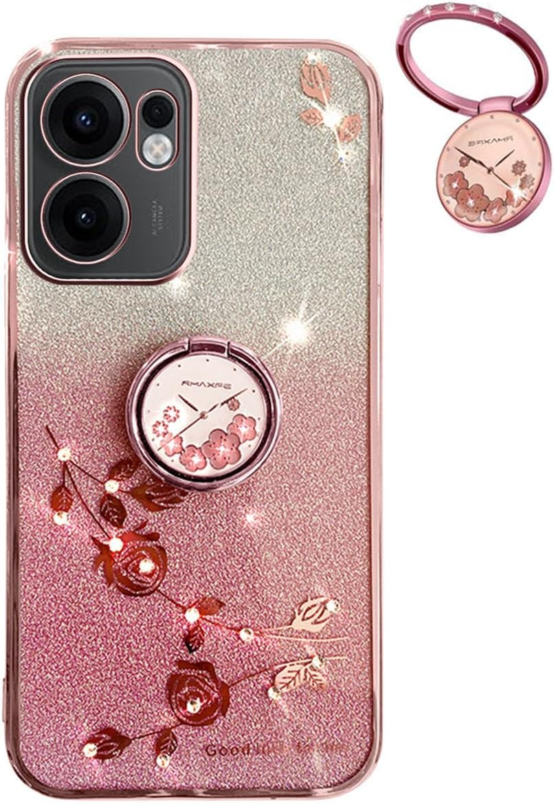 YUEQIAN Glitter Case for Oppo Reno13 F 5G/Reno 13F 4G/Reno13 FS, Ultra Thin Transparent Soft TPU Silicone Shockproof Mobile Phone Case, Shiny Diamond Flowers Ring Stand Women Protective Case Pink image number 5