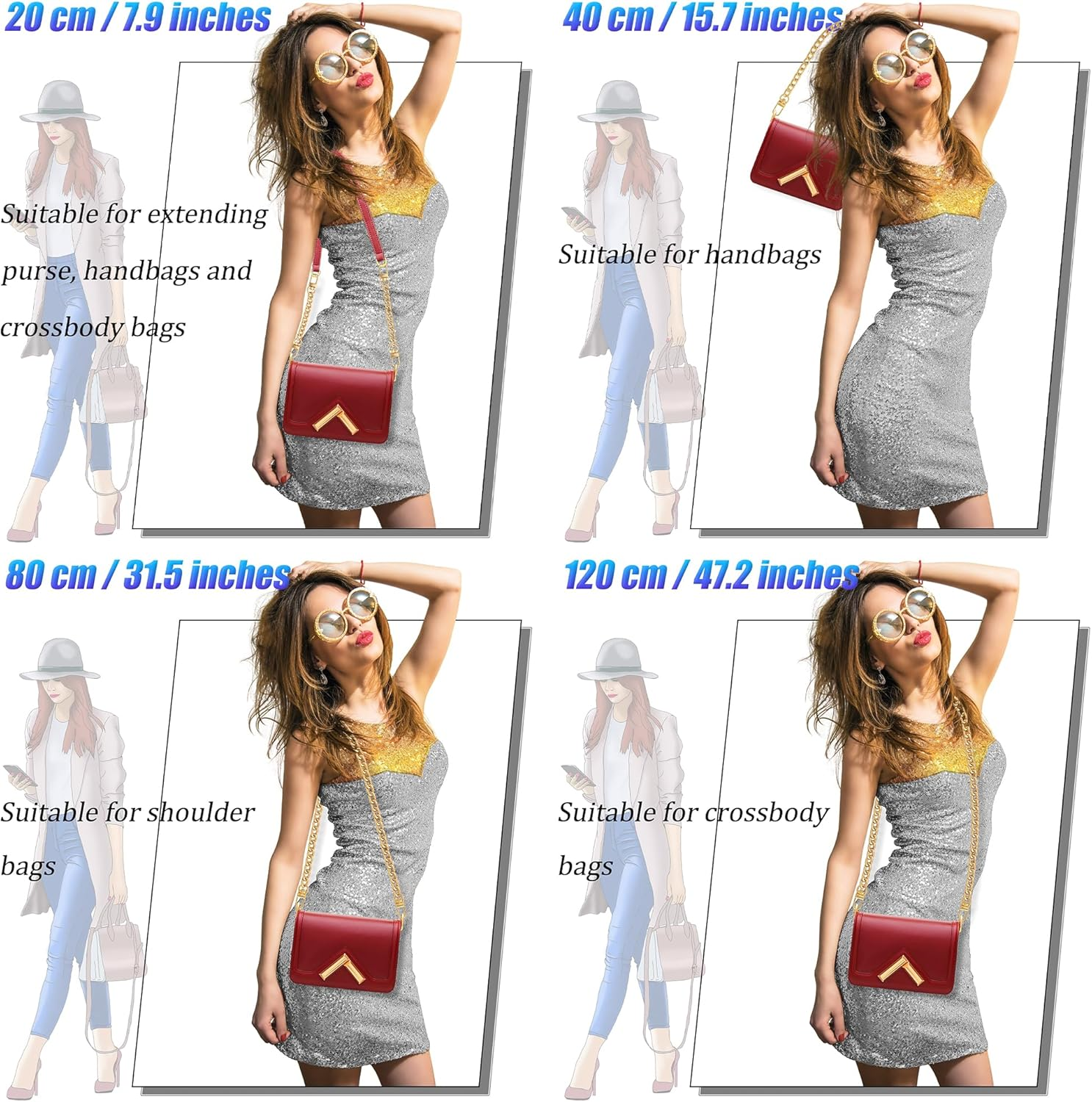 Yuronam 4 Different Sizes Flat Purse Chain Iron Bag Link Chains Shoulder Straps Chains with Metal Buckles Hook for Replacement, DIY Handbags Crafts, 47.2/31.5/15.7/7.9 Inches(Gold) image number 2