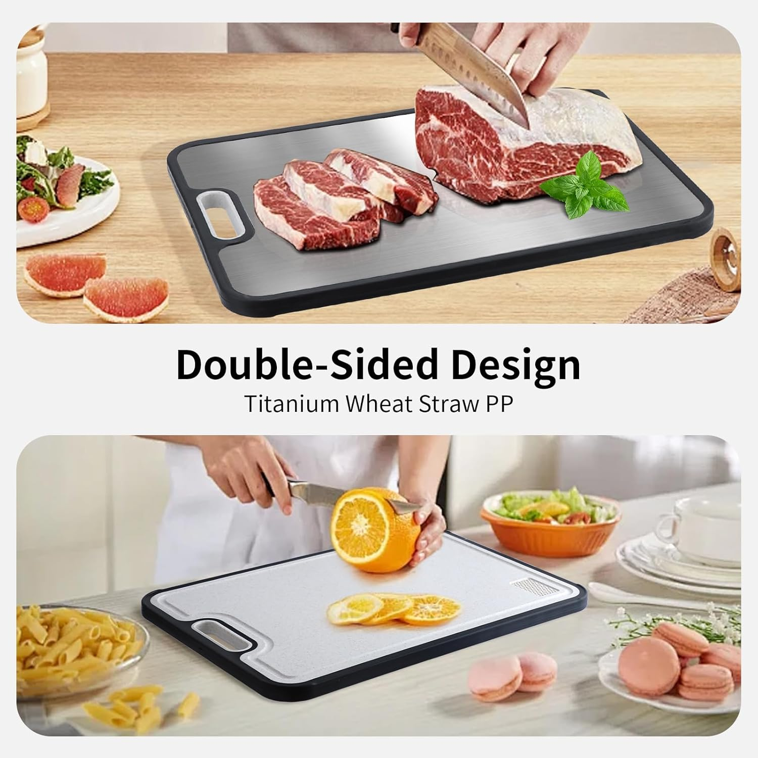 Cutting Board,Double Sided Titanium Cutting Boards for Kitchen, Titanium/Wheat Straw PP Chopping Board with Juice Groove,Large Size 15.6"&times;10.6",Dishwasher Safe, Easy to Clean image number 4