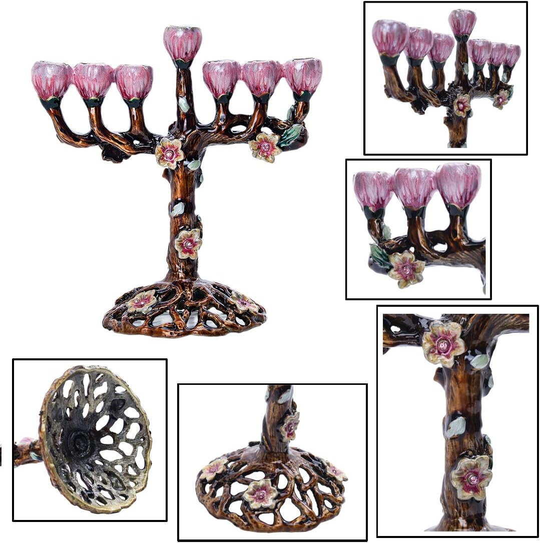 7 Branch Menorah Hanukkah Candle Holders Menorahs for Chanukah Hand-Painted Tree of Flowers Jewish Decorations