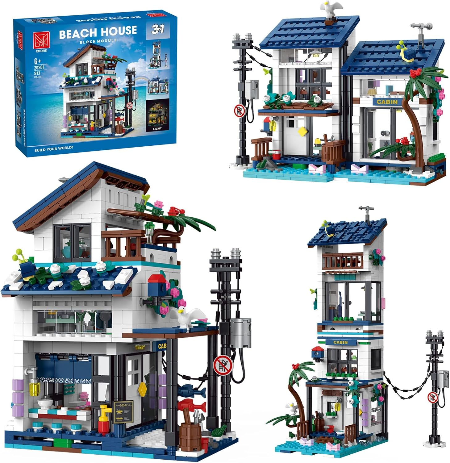 3 in 1 Beach House Building Set, Modern Seaside Villa with Light, Friends Vacation Cottage, Japanese Architecture Model Toys Gifts for Kids Adult Age 8+(813 Pcs) image number 5