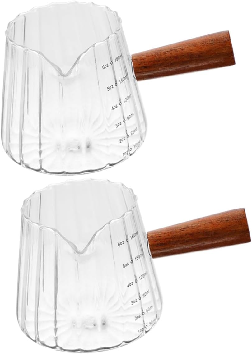 TOYZFRIENDY Glass Milk Pitcher and Frothing Cup with Wooden Handle, Heat-Resistant Multi-Function Measuring Syrup and Coffee Glass Set (2Pcs) for Home and Espresso Brewing image number 1