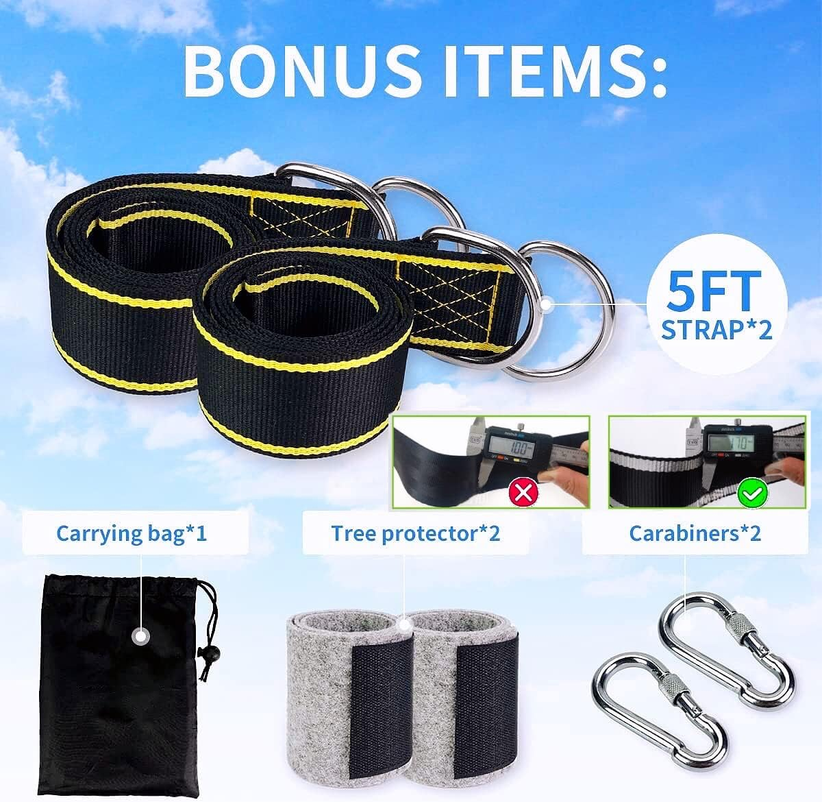 Tree Swing Hanging Straps Kit,Hammock Straps with Loops Set,Newly Upgraded Heavy Duty， Holds 2800 Lbs,5Ftx2Hammock Straps with 2 Locking Carabiners and 2 Tree Protectors,Carry Pouch Bag for Hammocks image number 6