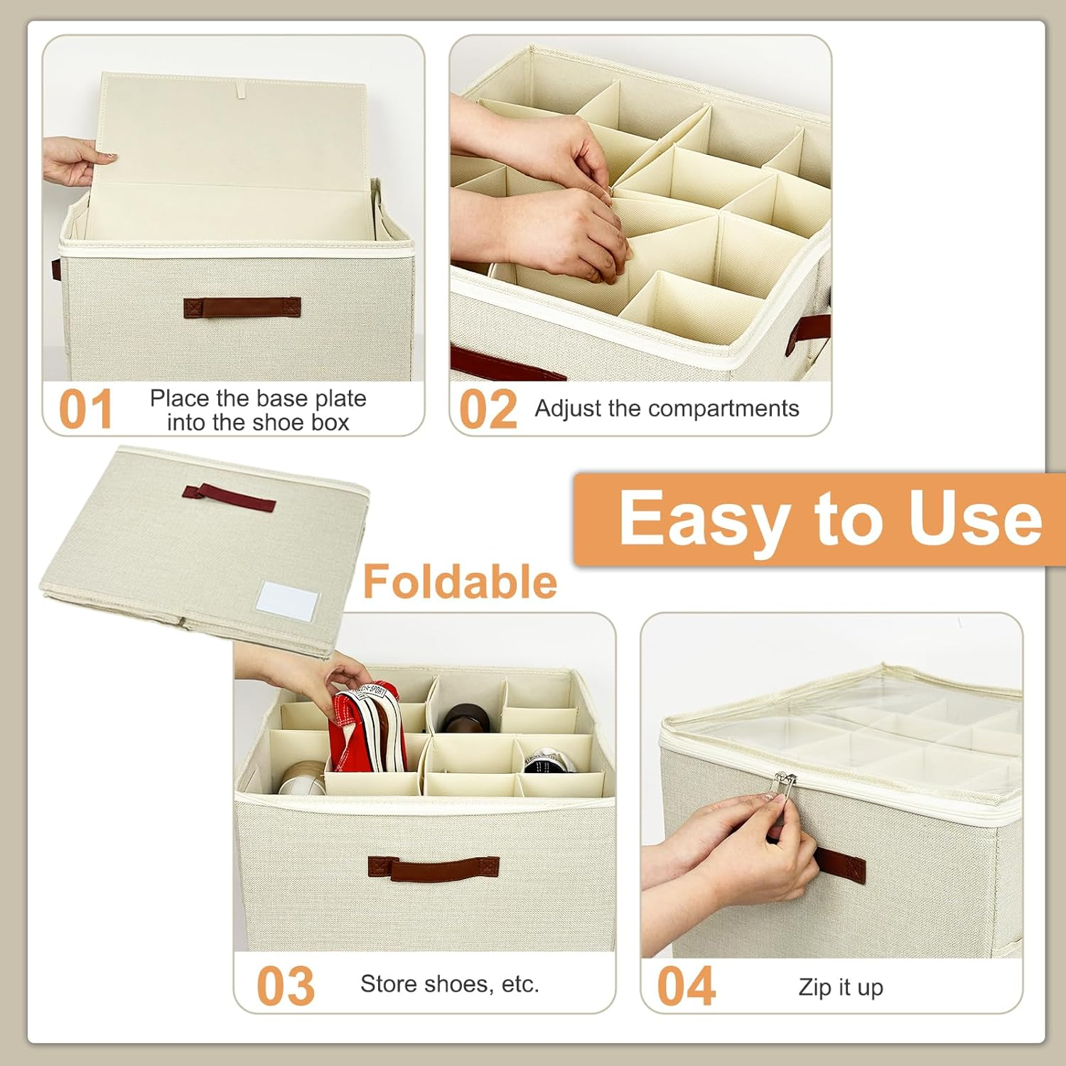 VERONLY Shoe Organiser for Closet Fits 16 Pairs, Adjustable Dividers Shoe Storage Bins Boxes, Foldable Shoe Holder Cube Containers with Clear Cover for Large Shoes, High Heels, Sneaker, Boots (Beige)