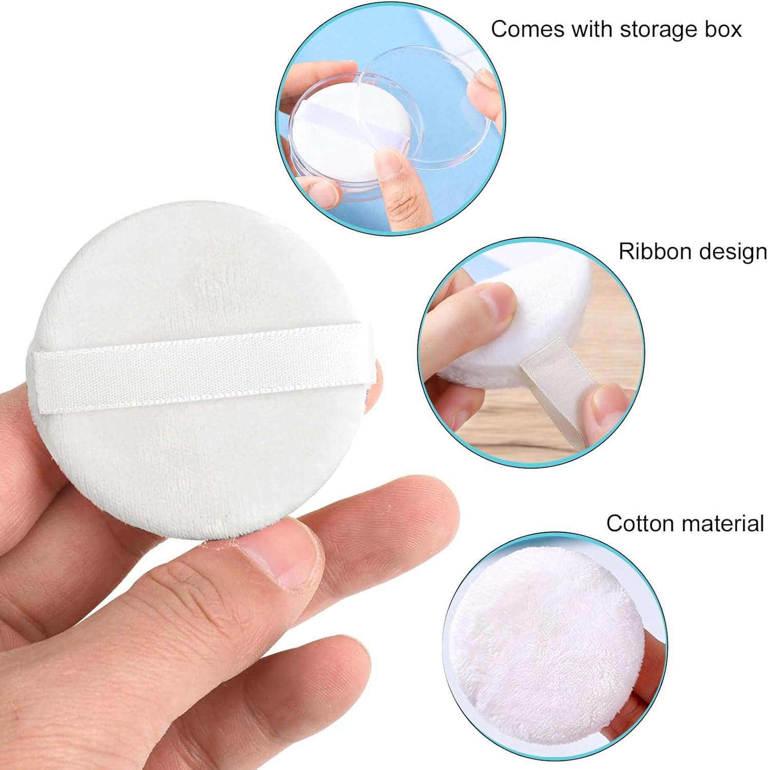 4 PCS Makeup Powder Puff,Washable 2.36 Inch Cotton Puff Pads with Ribbon,White round Beauty Tools for Loose Foundation Setting Puffs and Liquid Cosmetic