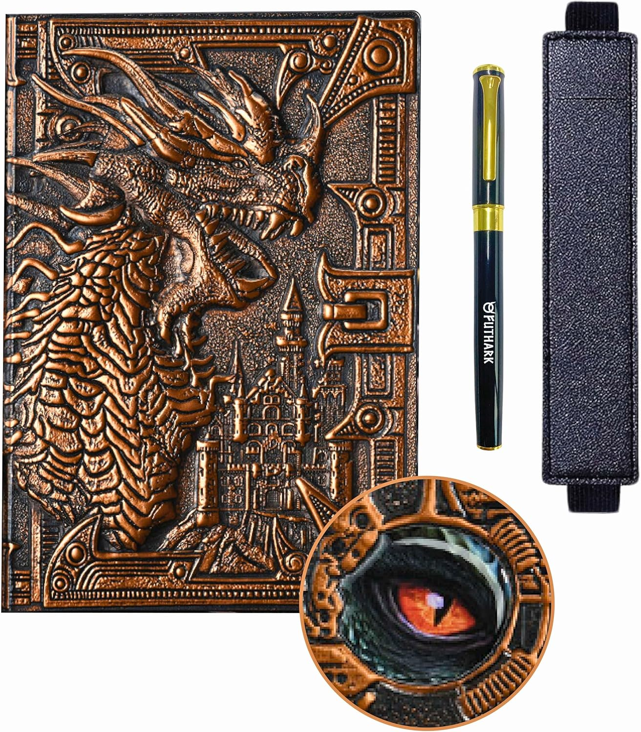 Futhark DND Journal &ndash; 200 Pages, 3D Embossed Bronze Dragon Faux Leather Cover, Includes Pen & Holder &ndash; Perfect Notebook for Dungeons & Dragons/D&D, DM Gifts & Fantasy RPG Accessories