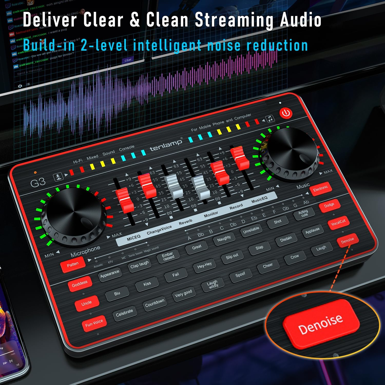 Tenlamp Audio Mixer Kit, G3 Live Sound Card & Studio Recording Microphone, Audio Interface Voice Changer, USB DIGITAL Podcast Equipment Bundle for Streaming/Singing/Gaming on Phone or PC image number 1