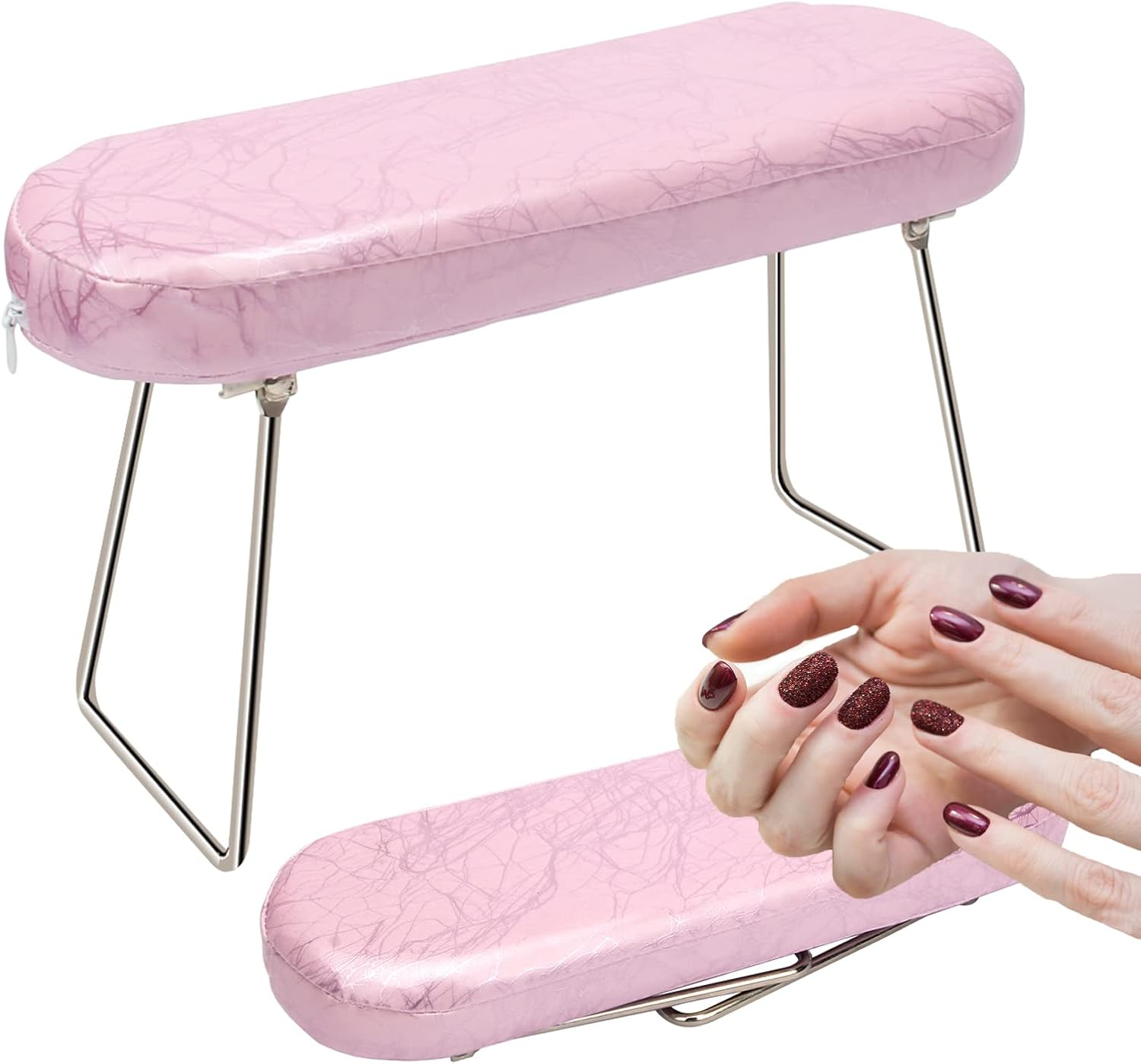 Coldairsoap Nail Pillow Hand Rest with Bracket, Professional Manicure Arm Stand Holder for Nails Art DIY Foldable Microfiber Leather Nail Hand Rest Cushion for Nail Salon Technician (Pink)
