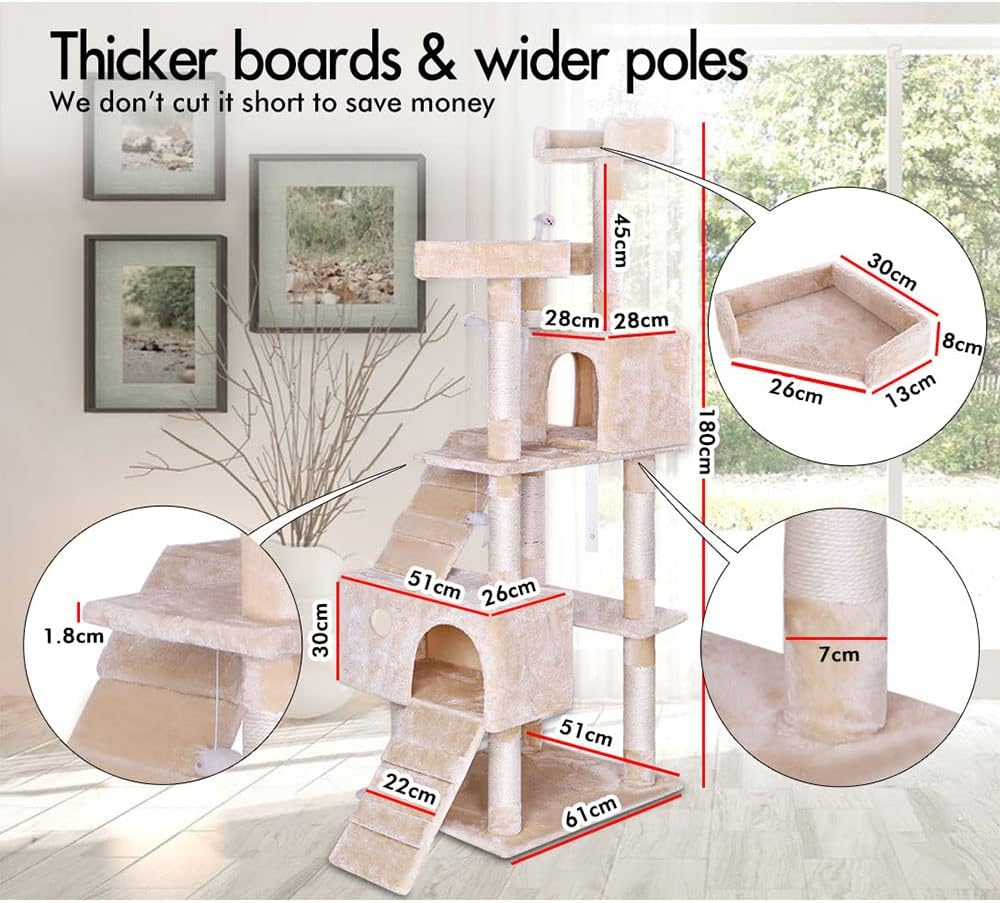 BEASTIE 180Cm Cat Tree with Mouse Toy Scratching Post Tower Condo Cat Play Towers Trees House Furniture Wood in Beige Colour - 134Cm In Grey image number 2