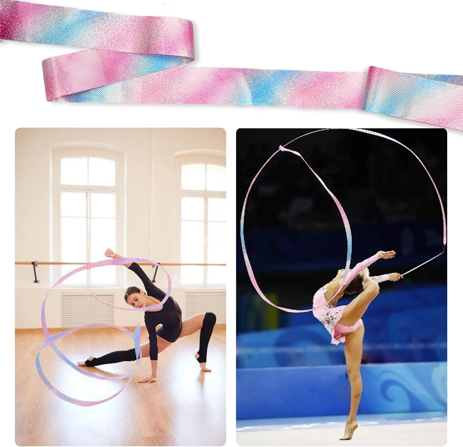 Medsuo 2 PCS 78.7Inch Gymnastic Ribbon Sparkling Dance Ribbon Twirling Baton Long Ribbon Streamers Rhythmic Gymnastics for Kids Artistic Dancing Training Party Favors with Ribbon Dancer Wand image number 1