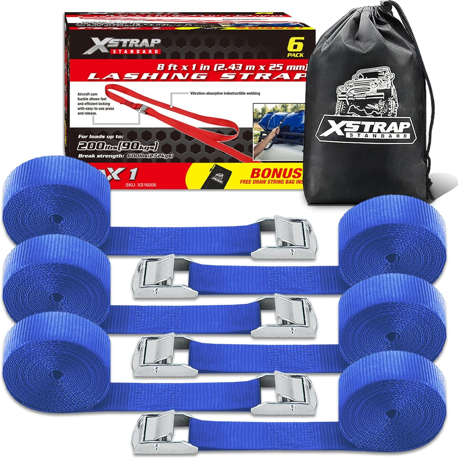 XSTRAP Ratchet Tie down Straps 6PK 8FT 1-Inch, Red