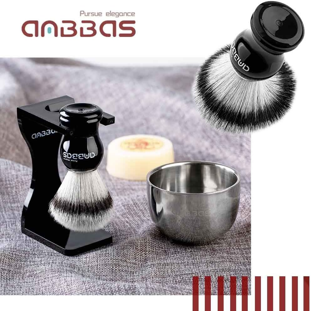 Anbbas Shaving Brush Synthetic Badger Hair with Stainless Steel Shaving Bowl,Black Acrylic Shaving Stand Holer for DE Razor Men Traditional Shave image number 4