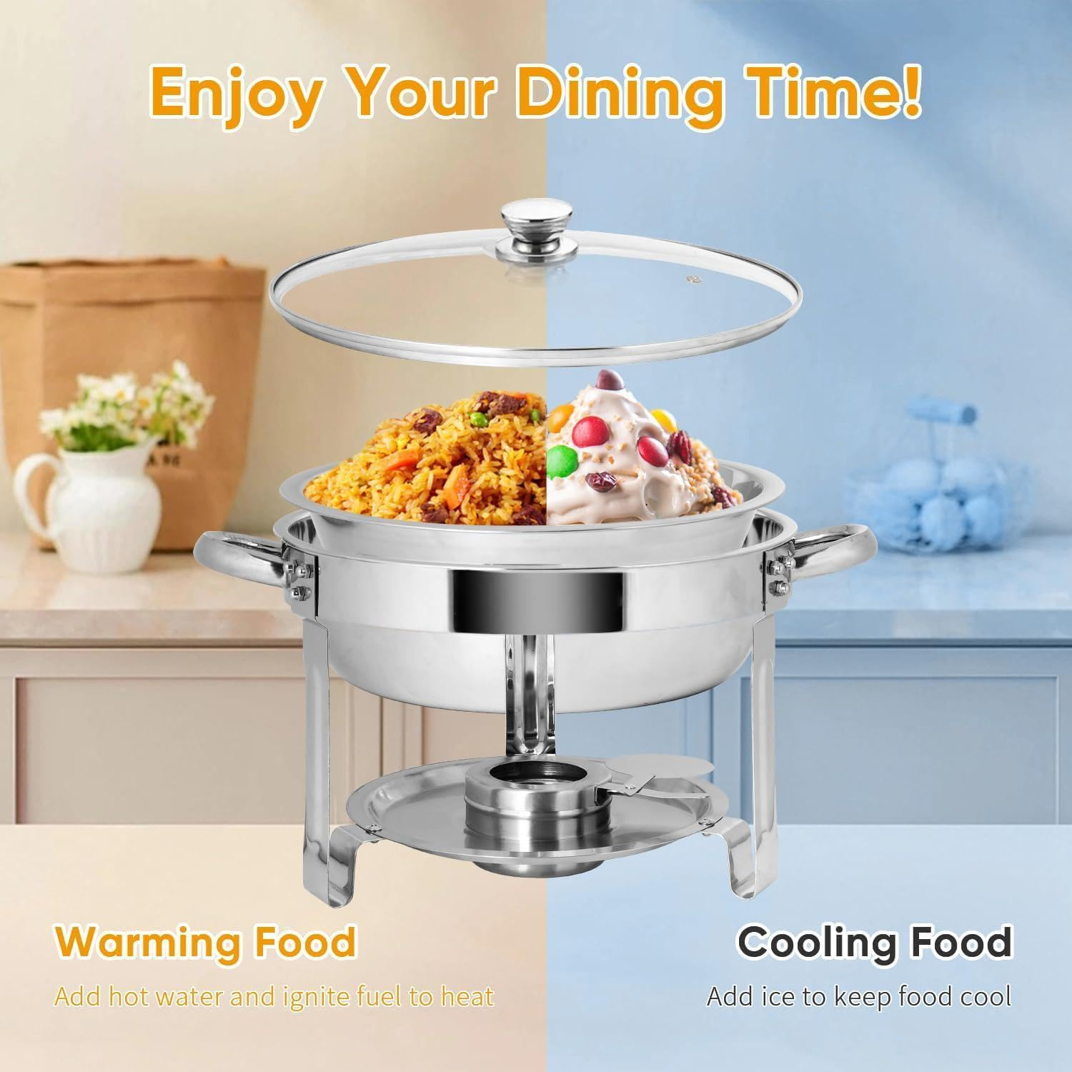 9SHOME 2Pack Chafing Dish Buffet Set, 4.5L Stainless Steel round Chafer with Glass Lid & Lid Holder, 5QT Buffet Servers Food Warmers Set with Food and Water Trays for Dinner, Parties, Wedding, Camping image number 5