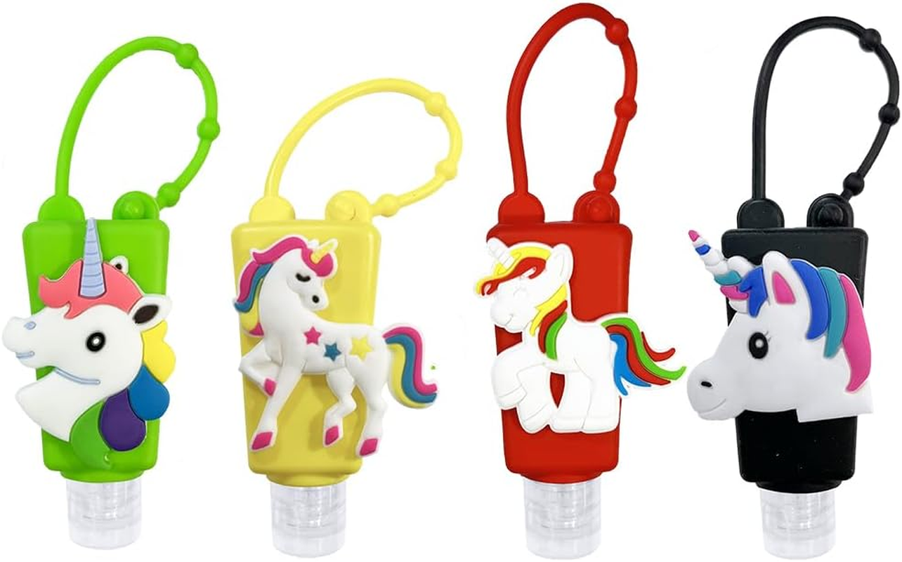 Color Land 4Pcs Unicorn Kids Empty Travel Bottles for Toiletries Detachable Hand Sanitizer Holder with Silicone Case Leak Proof Travel Size Cartoon Cute Essentials Toiletries Refillable Containers
