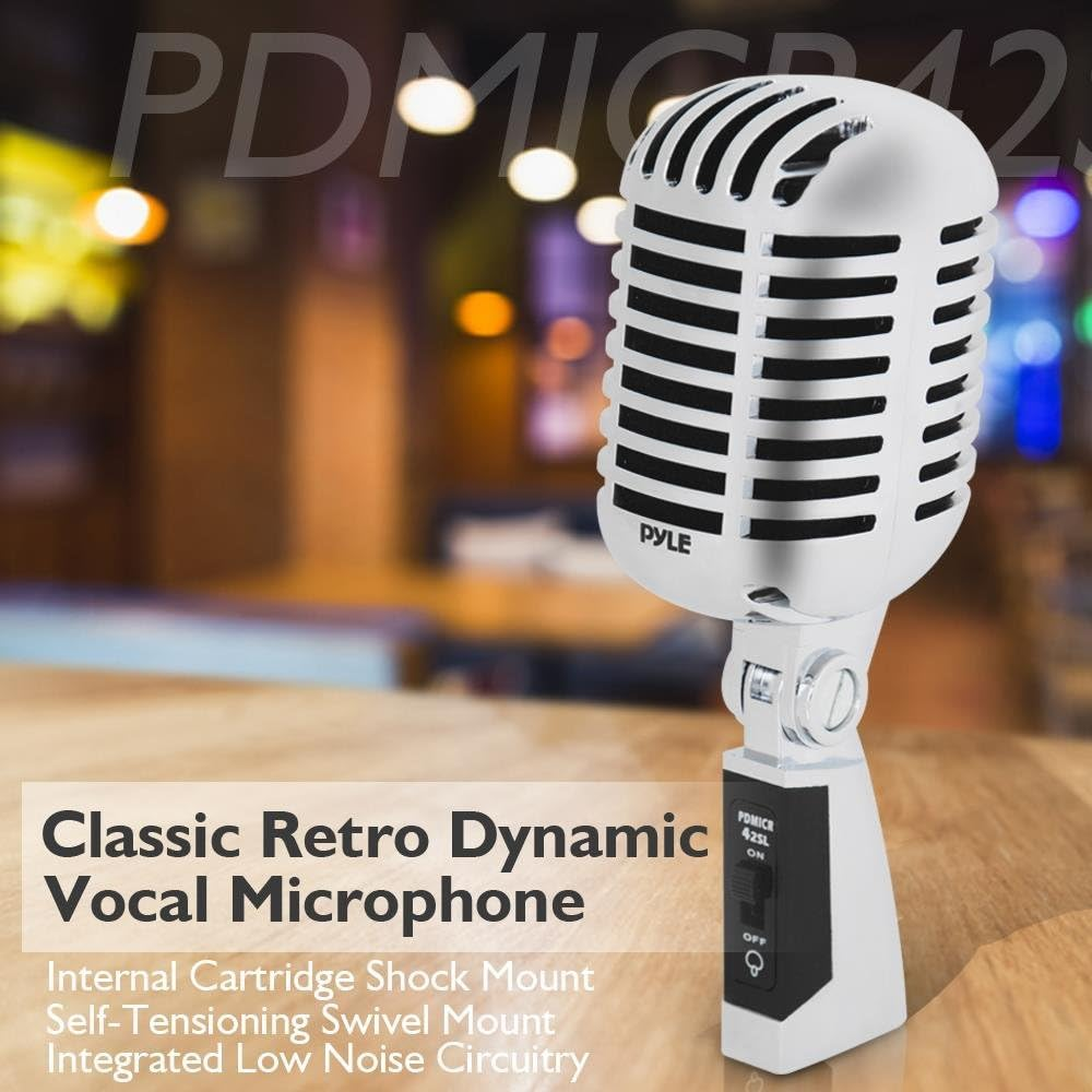 Pyle PDMICR42SL Classic Retro Vintage Style Dynamic Vocal Microphone with 15Ft XLR Cable (Silver) - Red image number 7