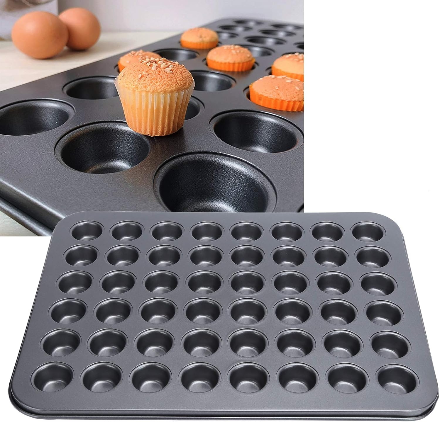48 Cup Cake Pan, Non Stick Mini round Cupcake Pan Tray Carbon Steel Muffin Tin Baking Bakeware with Easy Release Coating for Evenly Heated Food Material image number 4