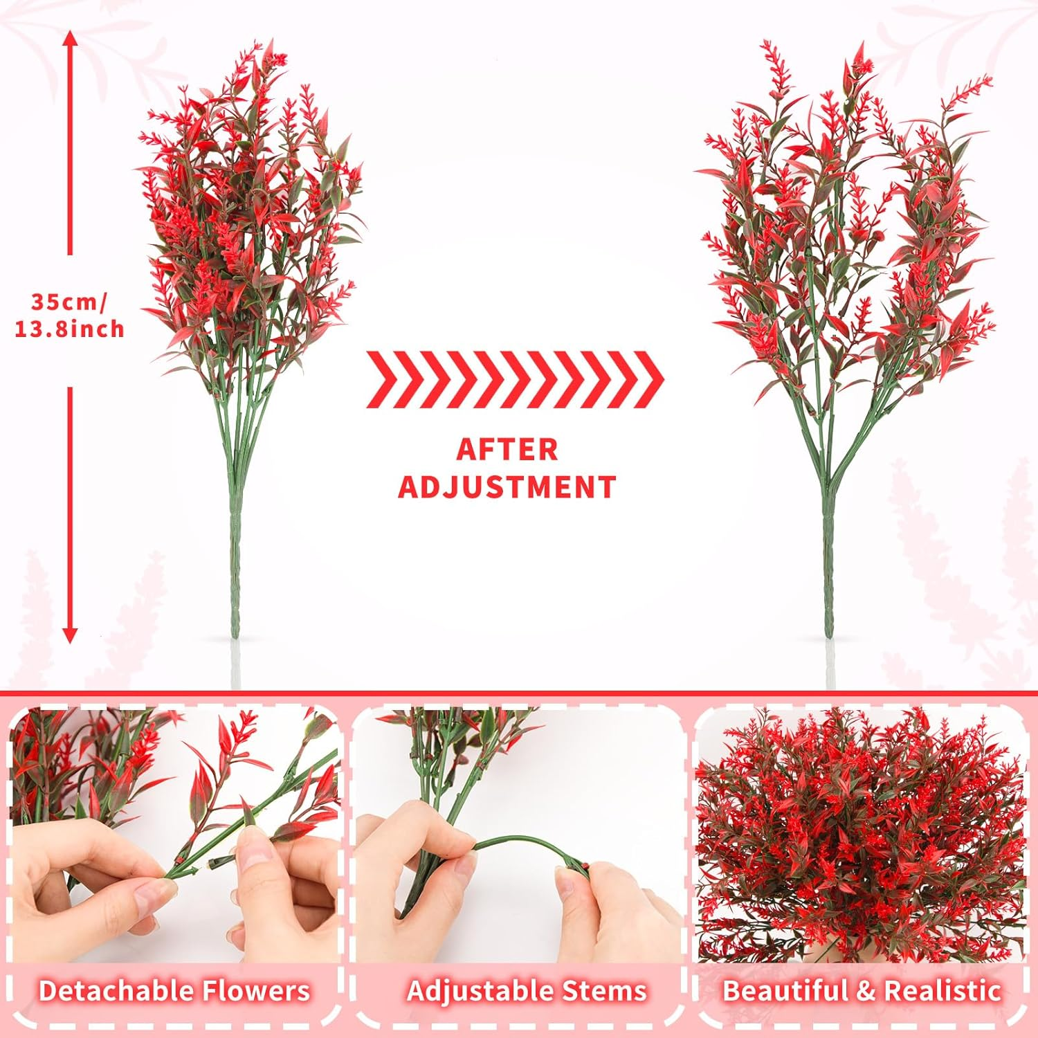 10 Pcs Artificial Flowers Artificial Greenery Lavender Fake Flowers UV Resistant Shrubs Artificial Plants for Indoor outside Garden Home Wedding Farmhouse (Red) - Red image number 2