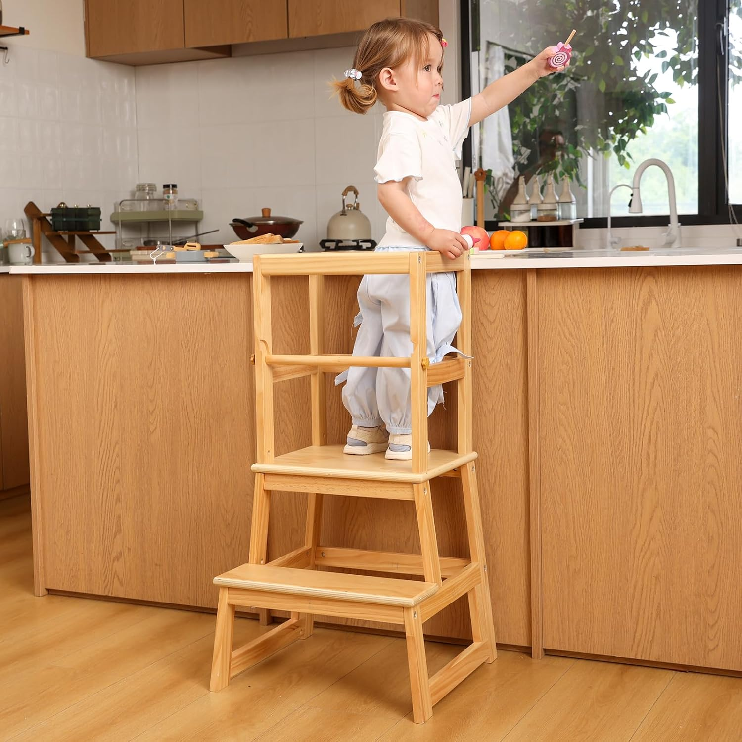 Kitchen Step Stool for Kids with Safety Rail,Toddler Standing Tower for Kitchen Counter, Baby Montessori Stool,Solid Wood Construction,Natural image number 3