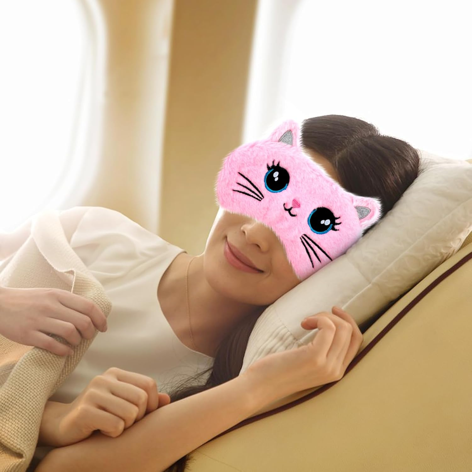 2 Pcs Plush Eye Mask Soft Sleeping Blindfold Eye Cover Comfortable Cute Animal Sleeping Mask Satin Nap Night Eyeshade Cover for Women Men Gift (Pink Muliticolor Cat Style)