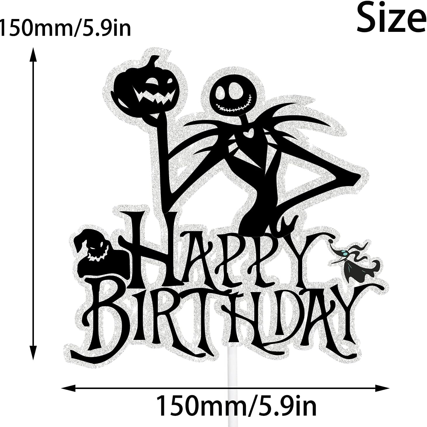 Happy Birthday Cake Topper for Jack and Sally - Glitter Happy Halloween Theme Anniversary Birthday Party Decoration Supplies image number 3