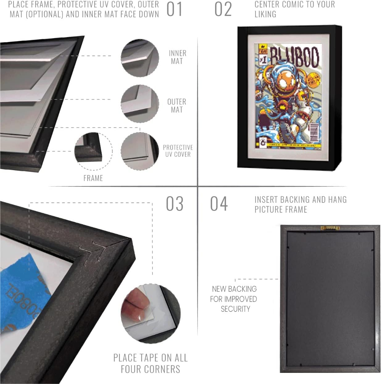 Comic Book Frame 2 Pack, MDF Wood Frame, Acid-Free Matting, 98% UV Polycarbonate Protection, Fits Comics up to 6 3/4" X 10 1/4", Fits with Comic Book Bags and Sleeves (Black Frame Black Mat) image number 2