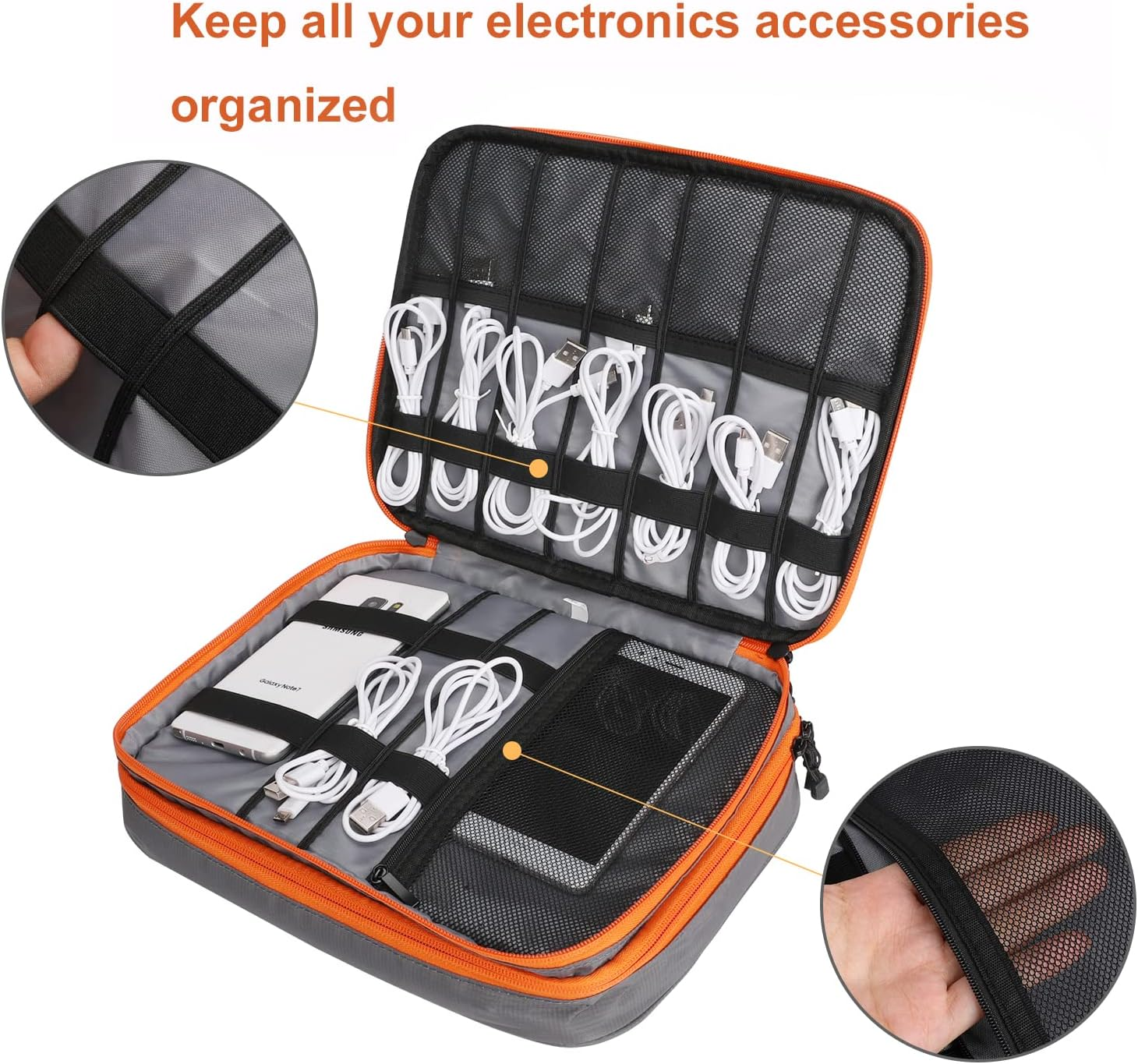 Double Layers Large Capacity Travel Electronic Accessories Organizer Bag, 2 Front Pockets Travel Gadget Carry Case, Perfect Size Fit for Ipad,Iphone,Cables,Power Bank,Tablet(10.2&rsquo;&rsquo;)-Grey image number 6