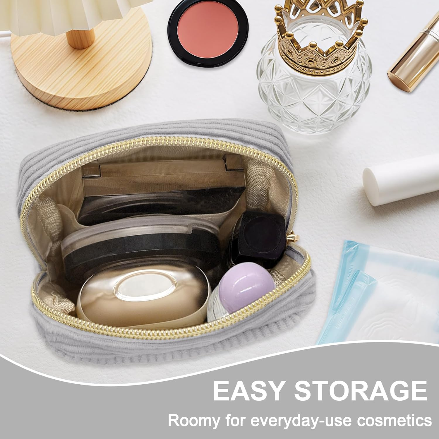 Long Keeper Small Cosmetic Bag for Women Mini Make up Bag for Handbag Solid Colour Cord Makeup Bag with Compartments Travel Makeup Bag for Women, Pure Grey, Portable Cosmetic Bag image number 5