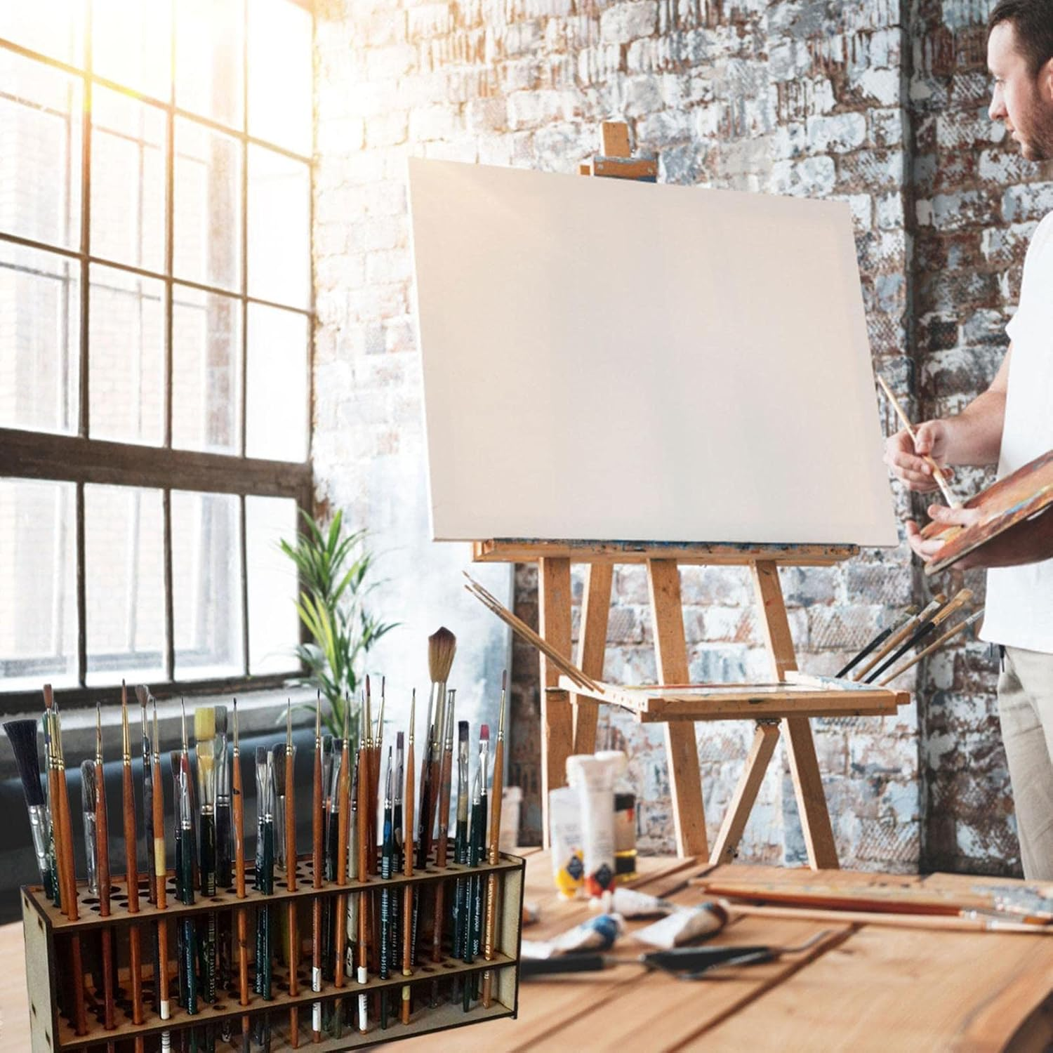 Omglo Brush Holder, 67 Holes Wooden Brush Holder, Paint Brush Holder Desktop Organizer for Wall Mount, Wooden Brush Holder for Eyelin Brushes image number 4