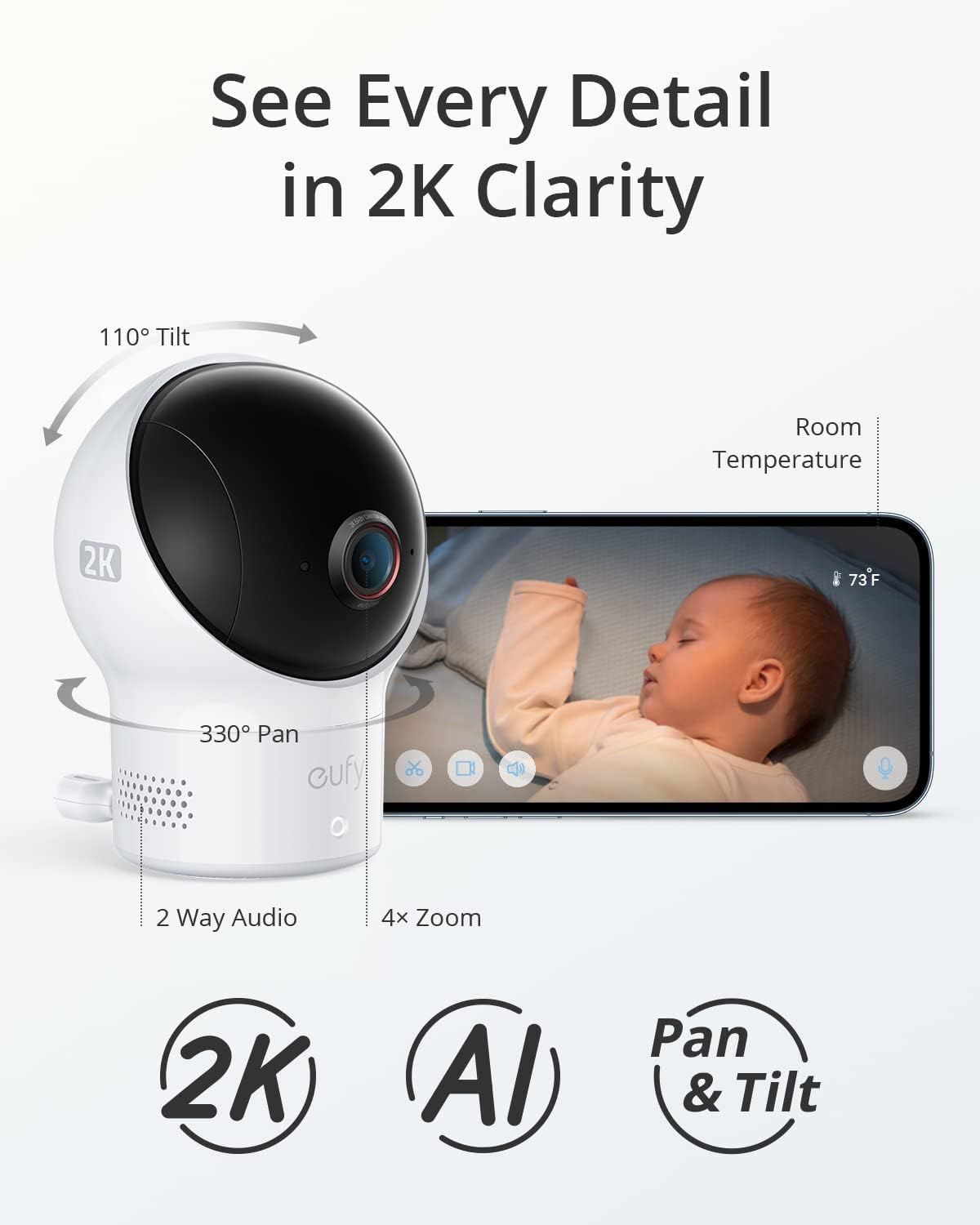 Eufy Baby Wi-Fi Baby Monitor 2K with Noise Detection, Night Vision, Room Temperature Detection, Camera, Easy Setup, User-Friendly App, Requires 2.4Ghz Wi-Fi image number 3
