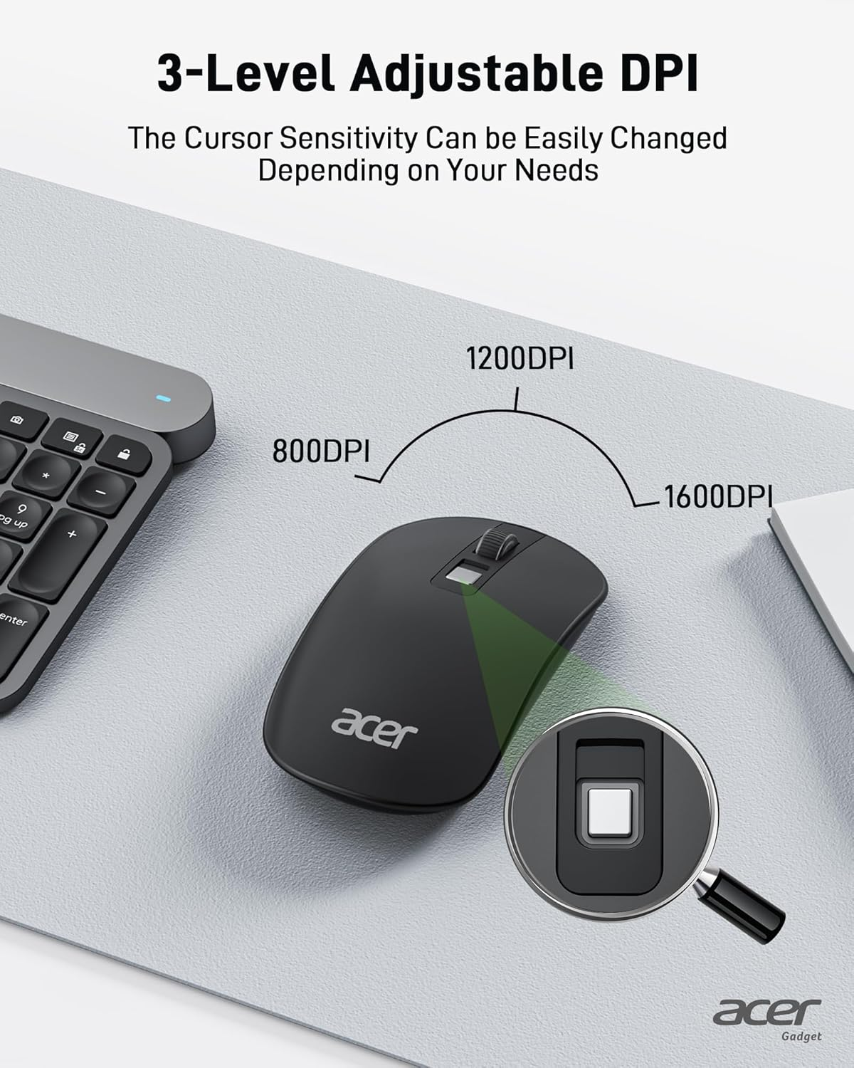 Acer Wireless Mouse for Computer, 1600 DPI Adjustable, 2.4G USB Cordless Silent Mice with Nano Receiver, for Laptop, Computer, PC, Macbook, Chromebook - Black image number 6