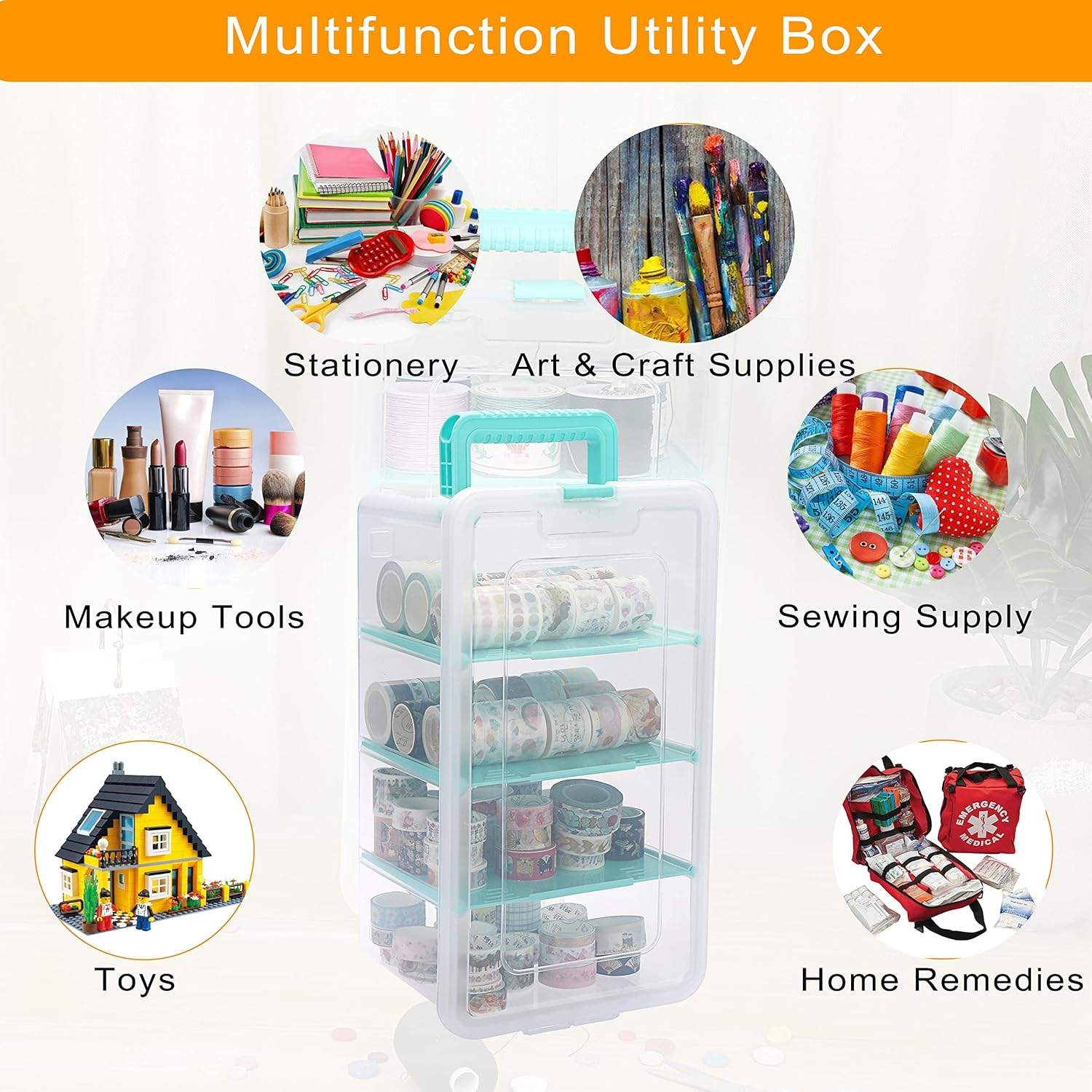 OGA Plastic Transparent Storage Box with Lid, Multi-Purpose Organiser with Carry Handle and 3 Removable Compartments, Dustproof Box for Crafts, Crafts (35.2 X 20 X 15.8 Cm) Modern Home Decoration image number 3