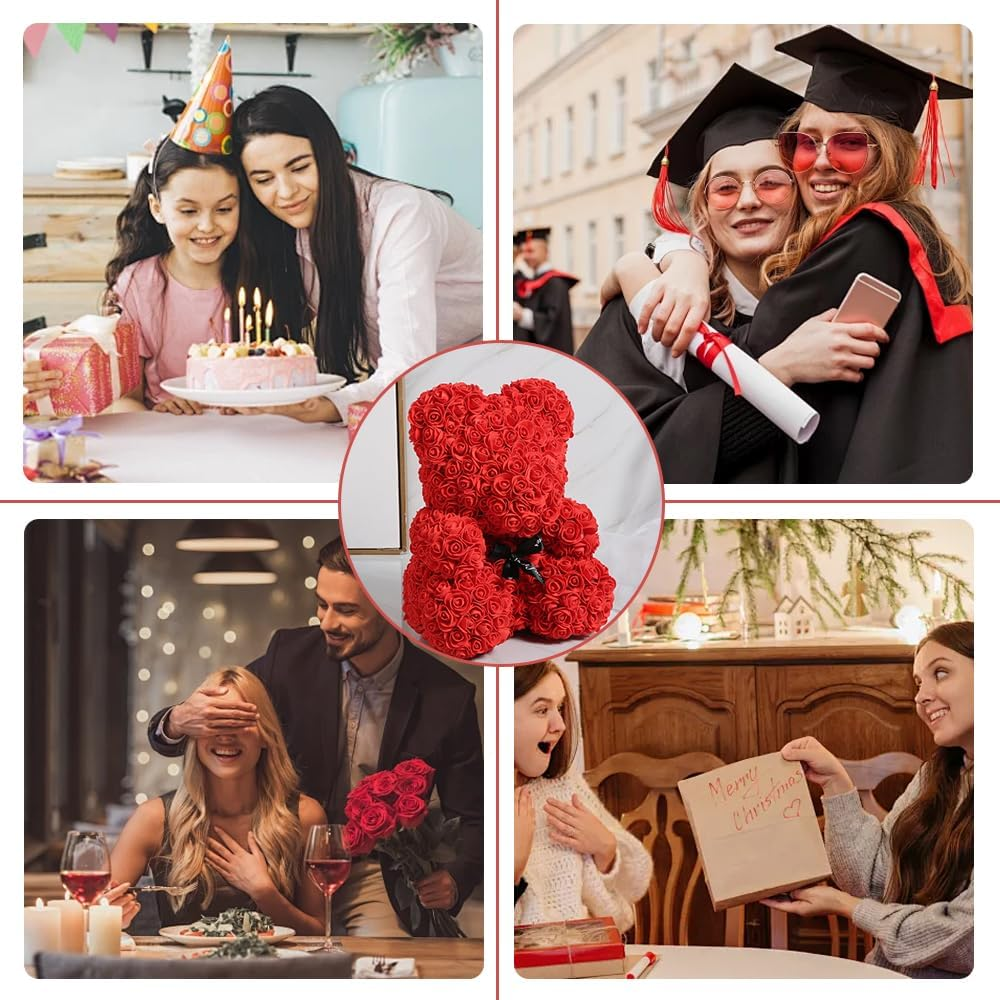 Flowers Rose Bear,Handmade Diype Flower Bears,Mothers Day for Mom Grandma on Mothers, Everlasting Flower for Window Display,For Mother'S Day,25X16X16 CM (Red) image number 4