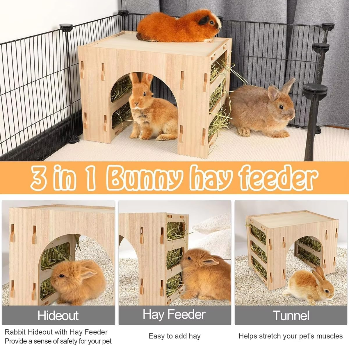 AIMALL Three-In-One Wooden Hay Feeder Bunny Tunnel Hideout Villa for Rabbit Guinea Pig Hamster, Pet Feeding Station with Hay Rack and Shelter, Easy to Clean