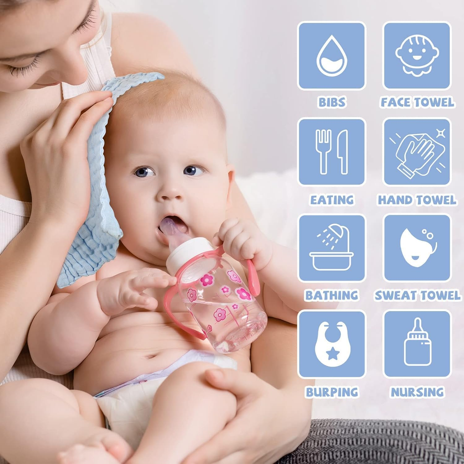 Winreal Baby Washcloths, Soft Muslin Cotton, 6 Pack, White Mint Blue image number 2