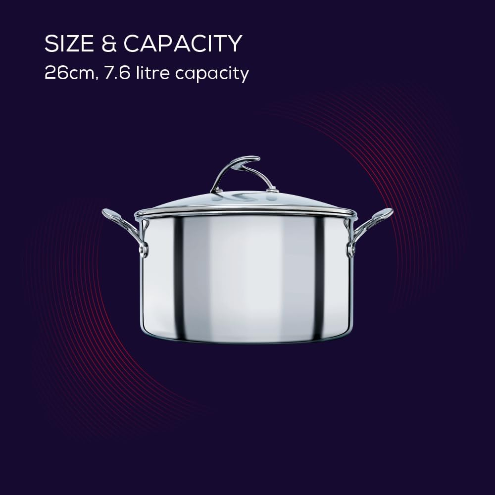 Circulon C-Series Hybrid Clad Stainless Steel Stockpot 26Cm/7.6L, Nonstick Induction Compatible Cookware with Lid, Steelshield, Metal Utensil Safe, Oven & Dishwasher Safe, Silver