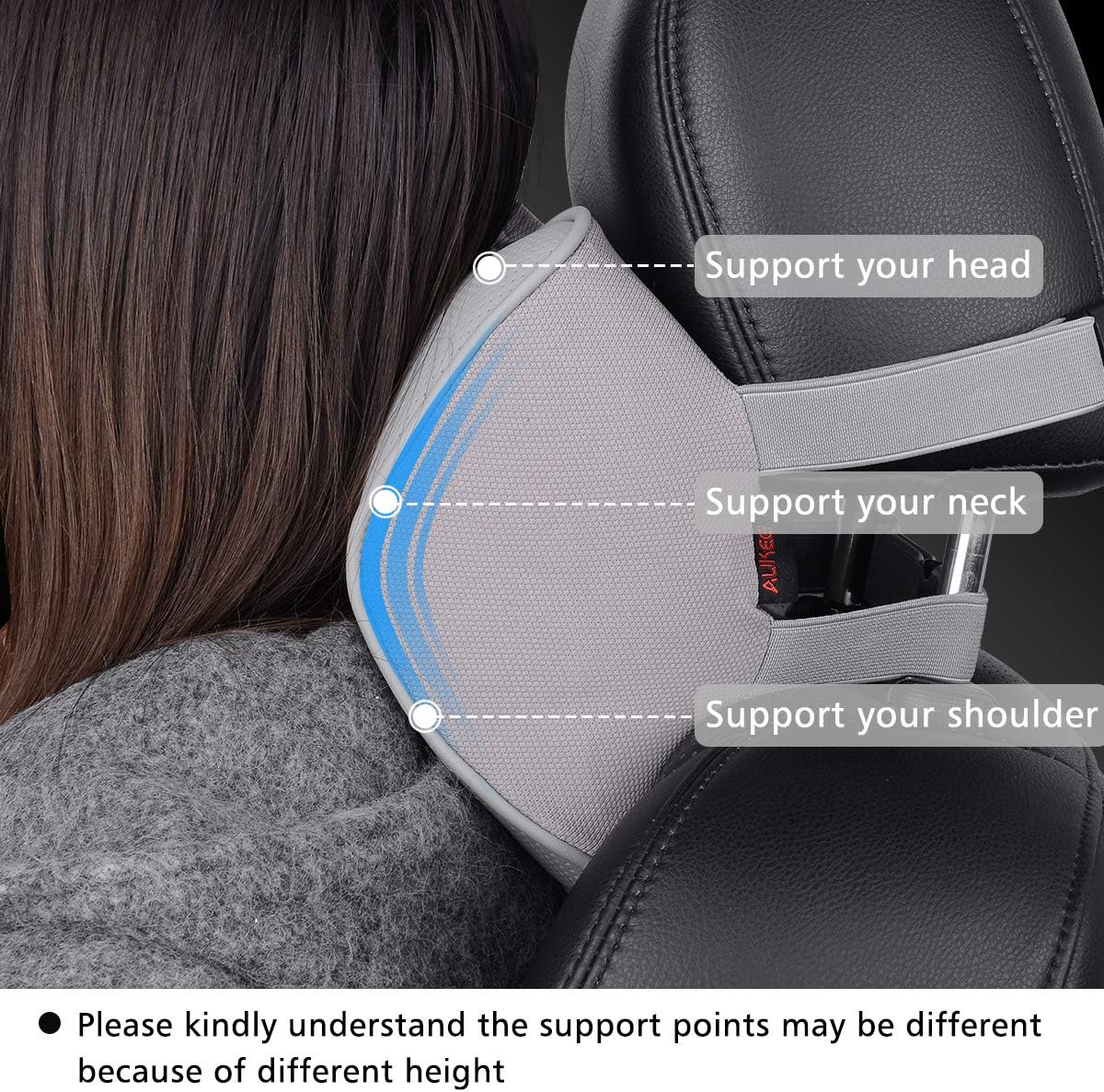 Aukee Memory Foam Car Neck Pillow Soft Leather Car Headrest for Driving Home Office Gray (Pack of 2) image number 3