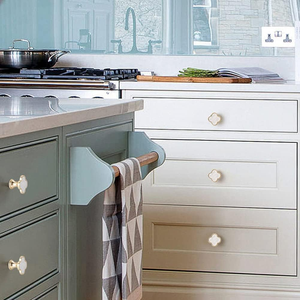 CPELLESSE 6 Pcs Clover Knobs Four-Leaf Handle Creative Cabinet Drawer Pulls Gold for Dresser Wardrobe Zinc Alloy Single Hole Door Handle(White) image number 5