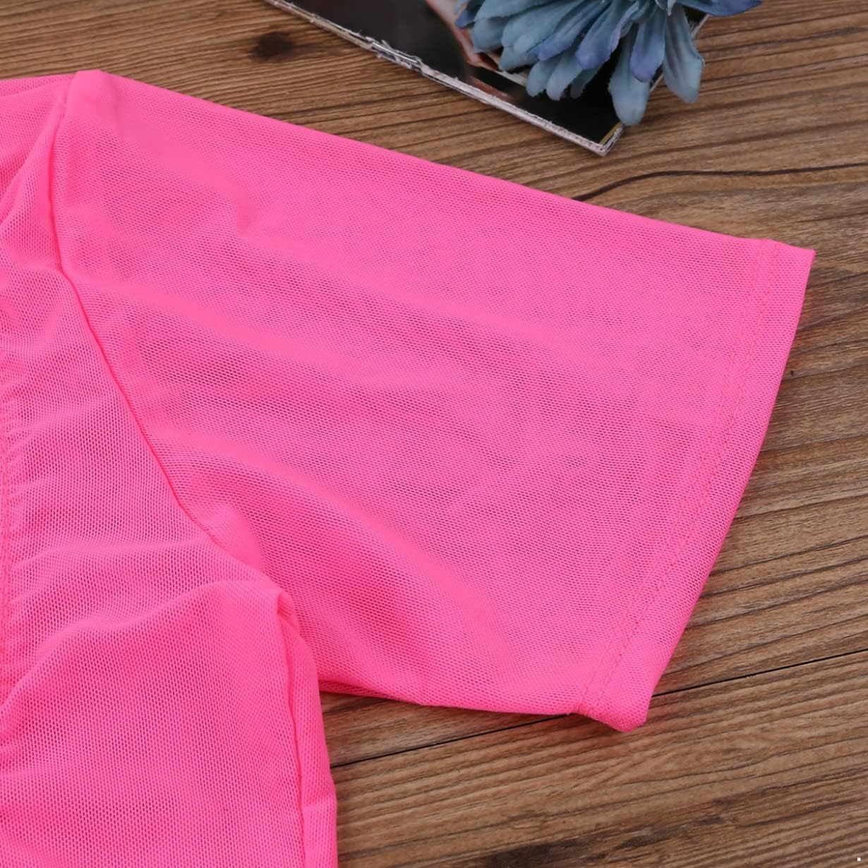 ACSUSS Womens Sexy Mesh Transparent Open Bust Short Sleeve Belly Dance Crop Top - Red image number 5