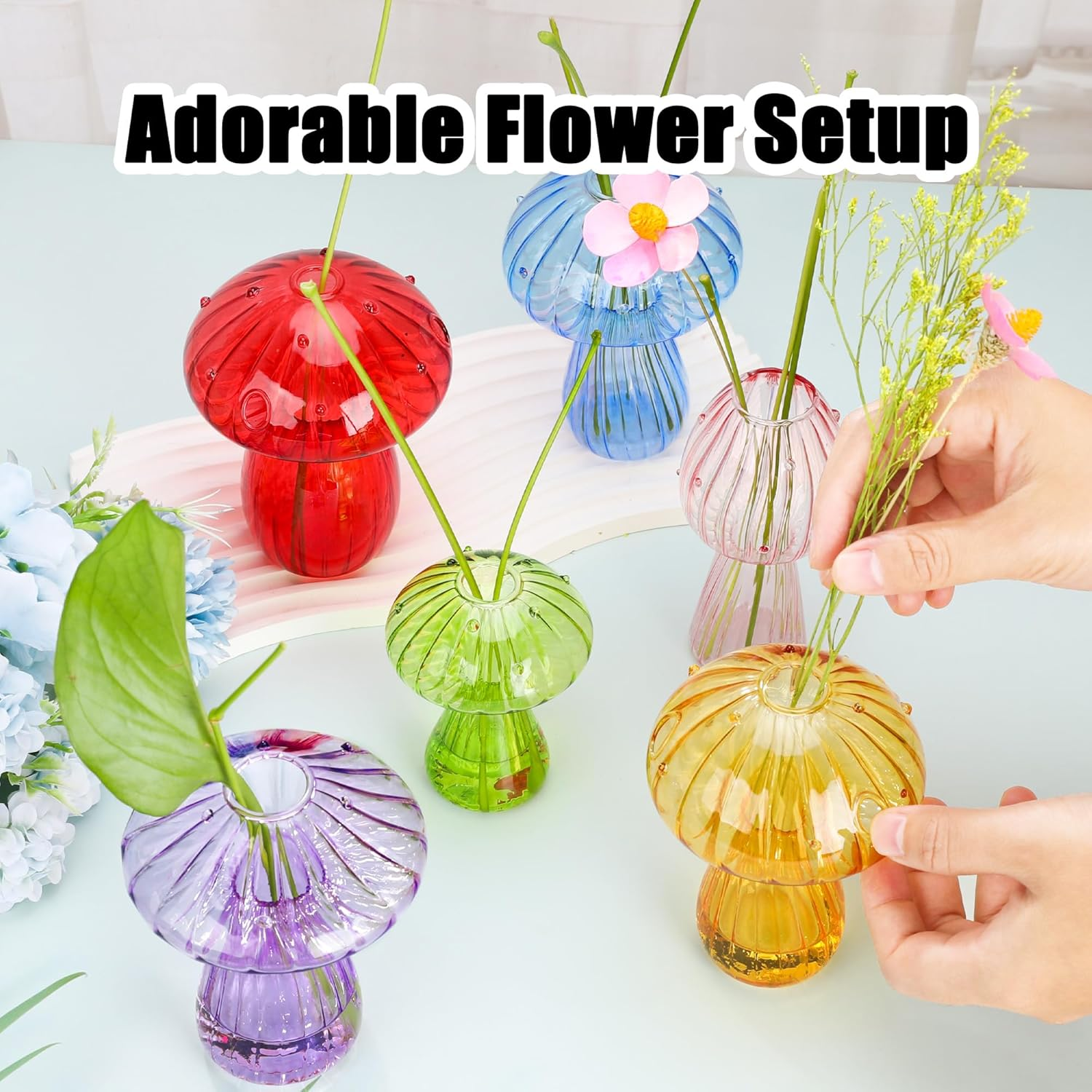 Plant Propagation Station, 6 Colored Glass Mushroom Vase Glass Planter, Gardening Gifts for Plant Lovers Women, Small Hydroponic Pots for Flowers-Desktop Terrarium for Home Office Decor, Room Decor