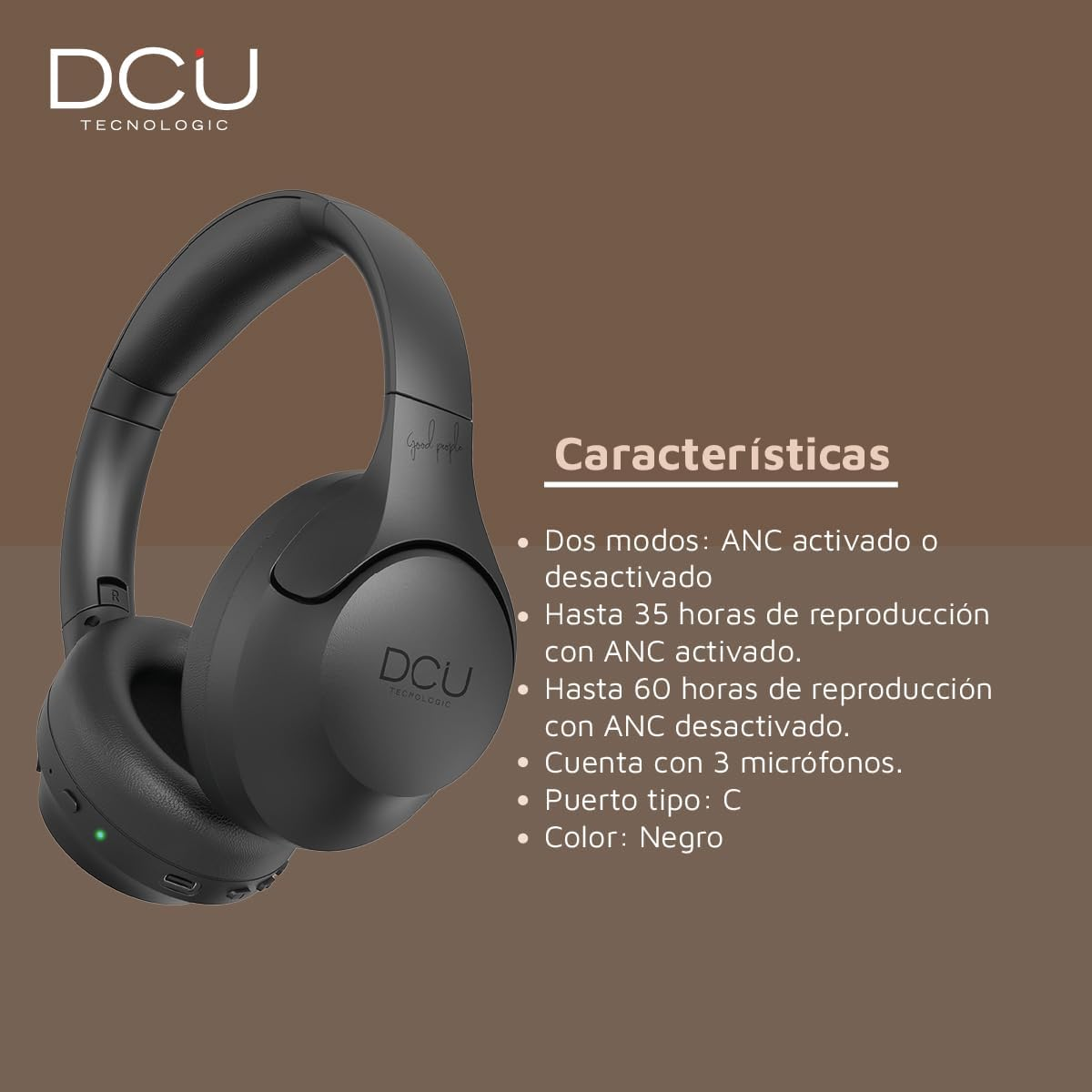 DCU TECNOLOGIC Wireless Bluetooth Headphones - 15 Hours of Use - USB-C Charging - Multifunctional Headphones with Foldable Headband - Black