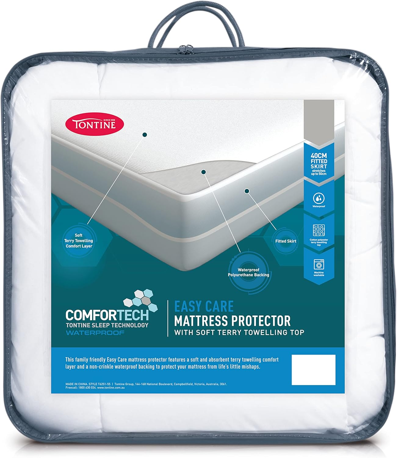 Tontine Comfortech Easy Care King Bed Mattress Protector, 40-50Cm Fitted Skirt, Waterproof Backing, Terry Towelling Top, Machine Washable