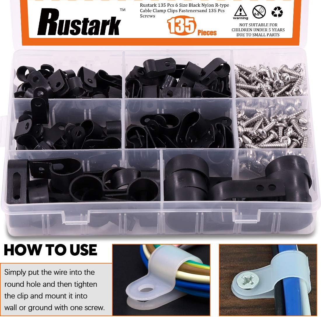135 Pcs 6 Size Black Nylon R-Type Cable Clamp Clips Fasteners Assortment Kit with Mounting Screw and 135 Pcs Screws Organizer Cord Clips for Wire Management - White image number 7