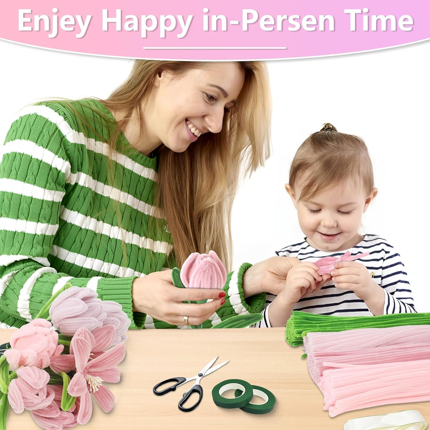 XUANZHI 400 Pcs Pipe Cleaners Craft,4 Assorted Colors Pipe Cleaners Bulk, Chenille Stems for DIY Flower Making Kit with Floral Wires, Gardening Tape,Stamen& Ribbon (Pink) image number 4