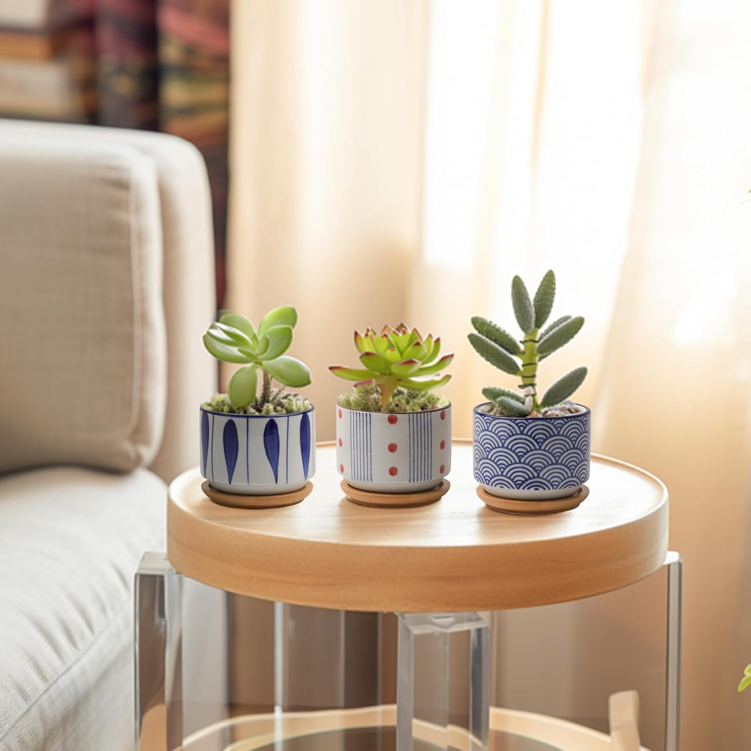 Succulent Planter Pots with Bamboo Tray Set of 3, 3 Inch Ceramic Pots for Plants, Japanese Style Planter, Plant Lover for Women Wife Mom Aunt, Cute Home Office Decoration