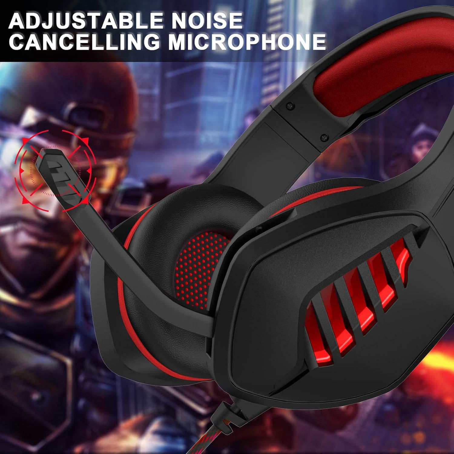 Gaming Headset with Microphone - for PC, PS4, PS5, Xbox One, Xbox Series X|S - 3.5Mm Jack Gamer Headphone with Noise Canceling Mic (Black&Red) image number 2