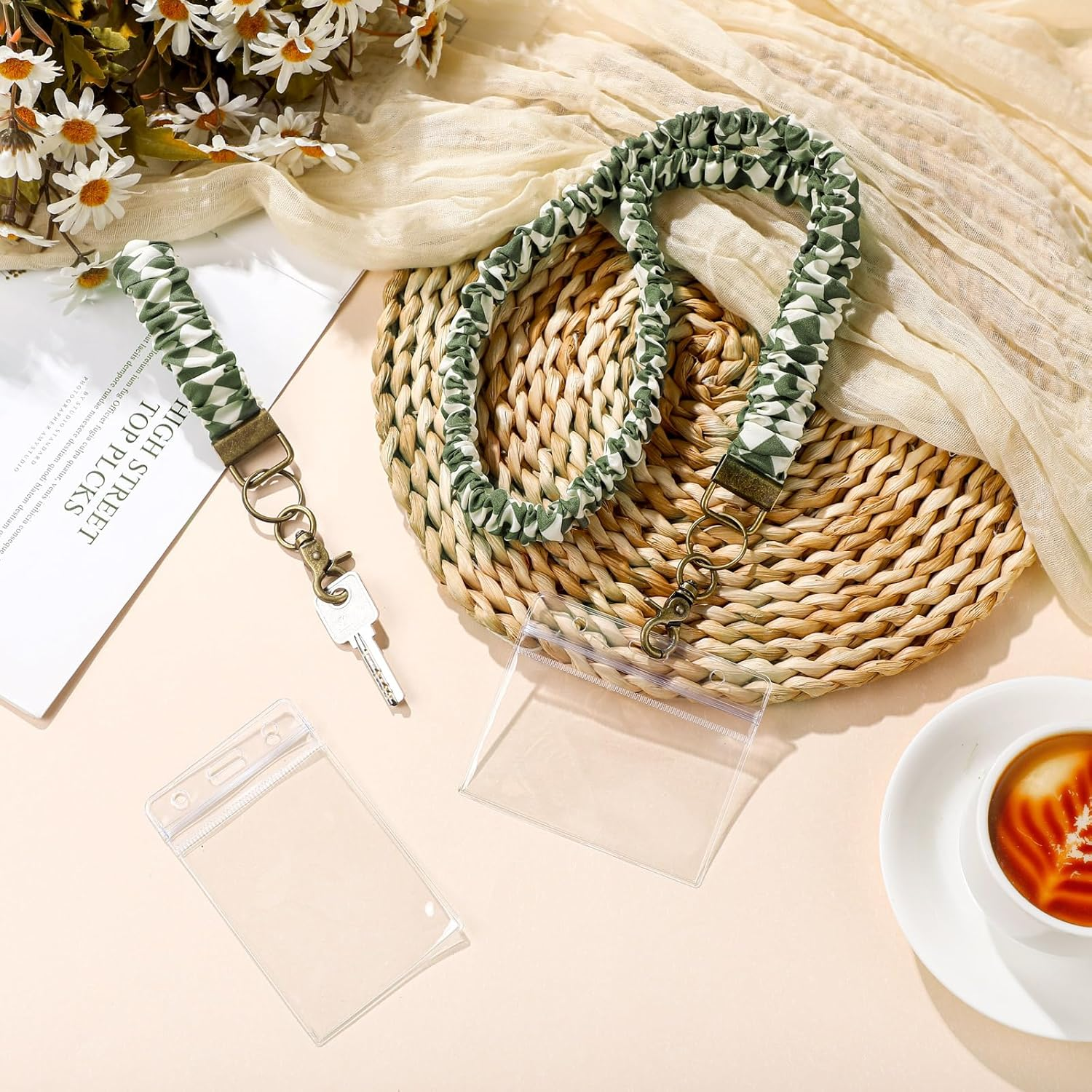 Marspark 2 Set Scrunchie Lanyards with 4 Card Holders for ID Badges and Keys Cute Stretchy Scrunchie Neck and Wrist Lanyards for Teacher Women Nurses School Office Supplies(White Green, Checked) image number 4